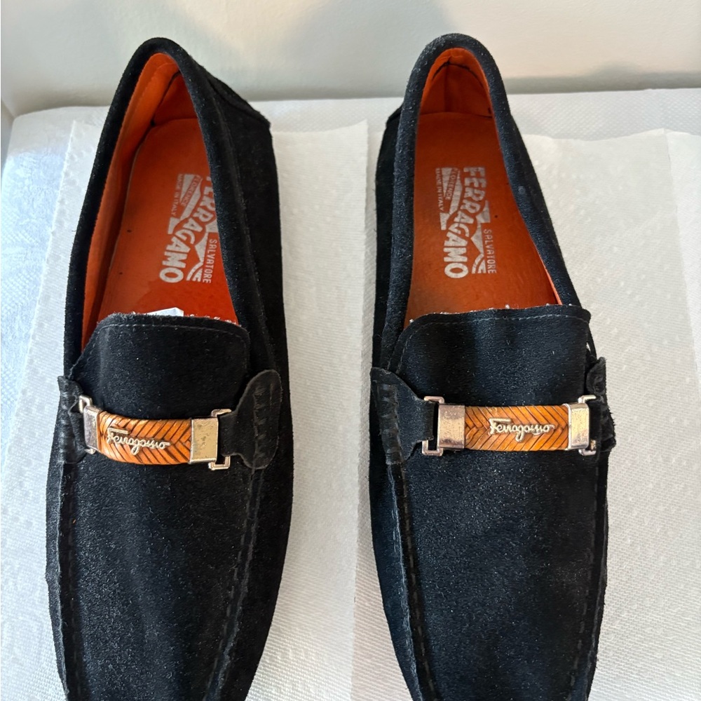 Salvatore Ferragamo Black Suede Loafers with Gold Accent